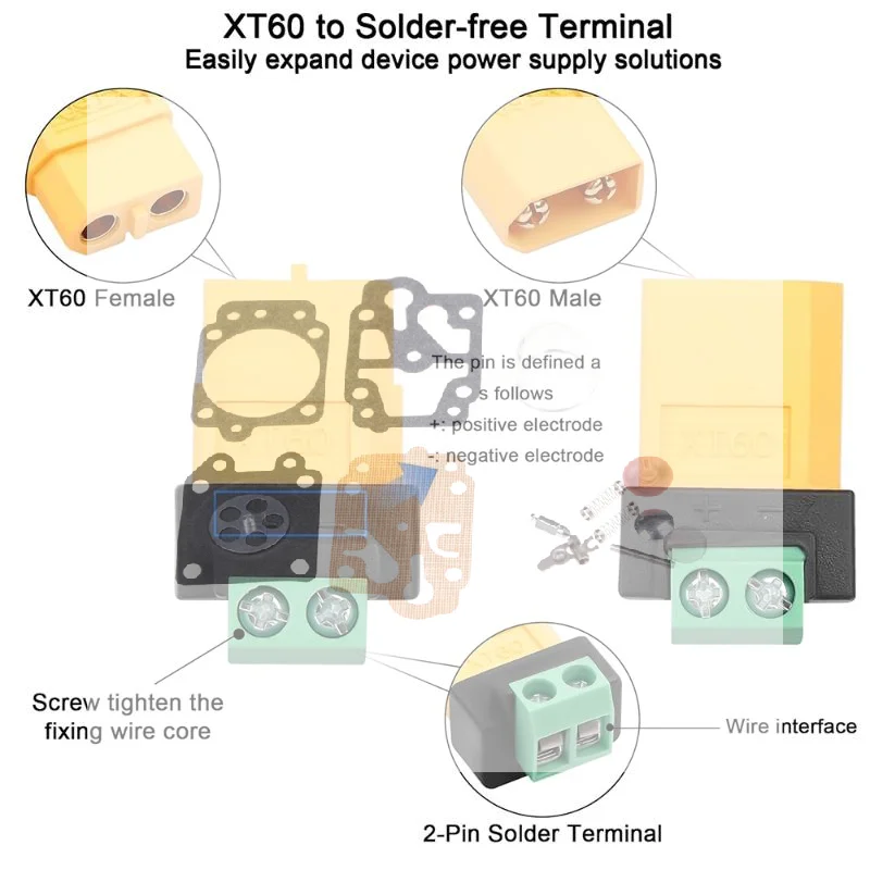 XT60 Male Female to 2Pin Terminal Adapter Plug and Play for UAV Solar Panel RC Model Power Connection Setup