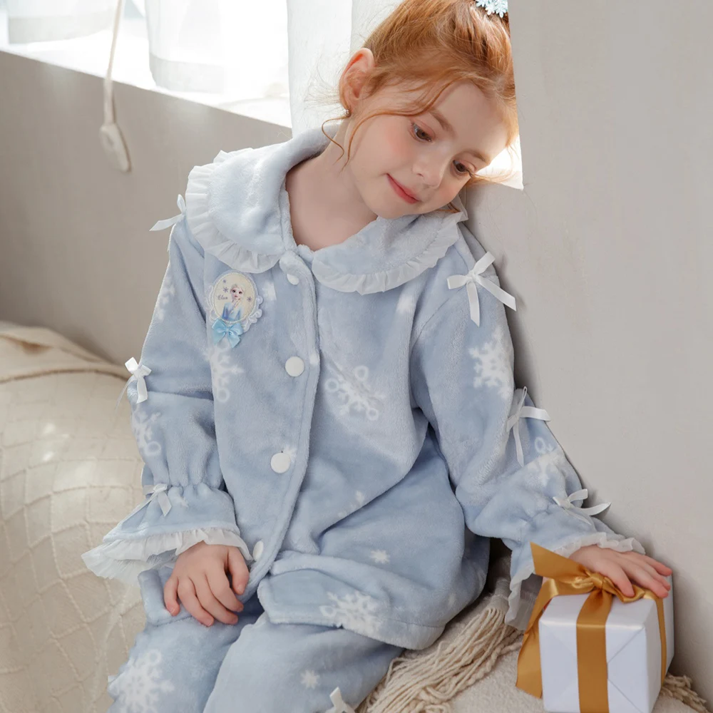 

Coral Thickened Flannel Warm 2pc Set Homewear Girls Elsa Princess Pajamas Winter Lace Trim Sweet Warm Children's Sleepwear