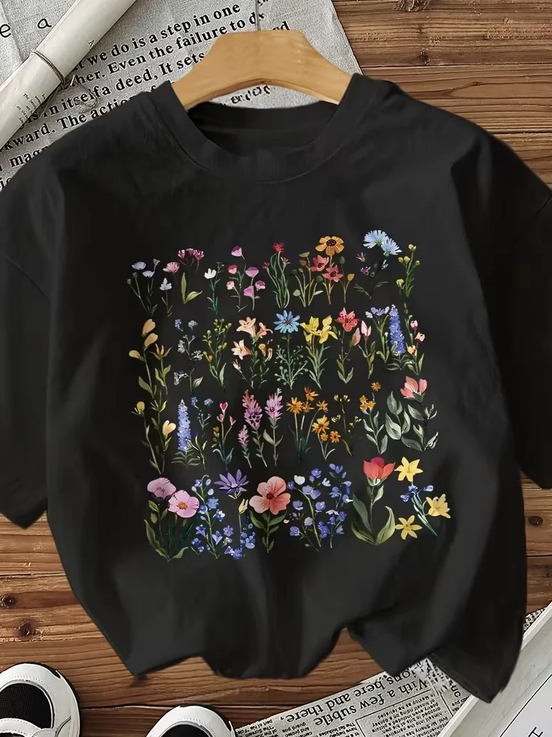 Women's Vintage Floral Print Crew Neck T-Shirt, Casual Short Sleeve Top, Aesthetic Flower Graphic Tee for Daily & Leisure Wear