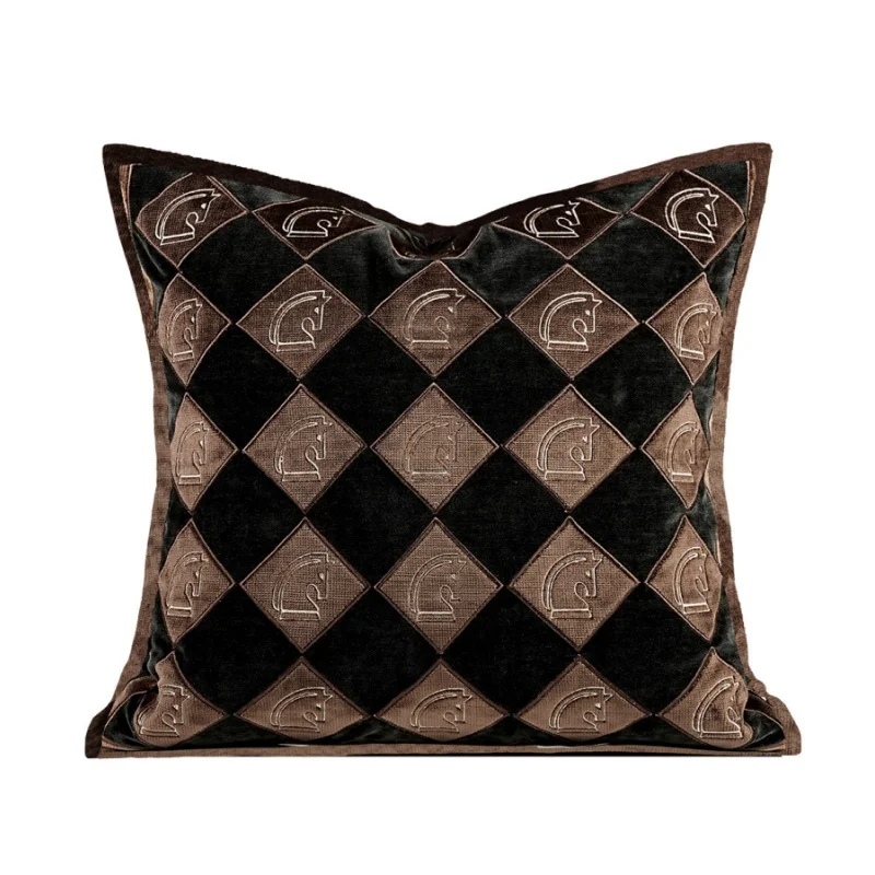 Luxury Equestrian Pillow Cover | Velvet Checkered Cushion Case with Horse Embroidery | Retro British Style Sofa Bedroom Decor