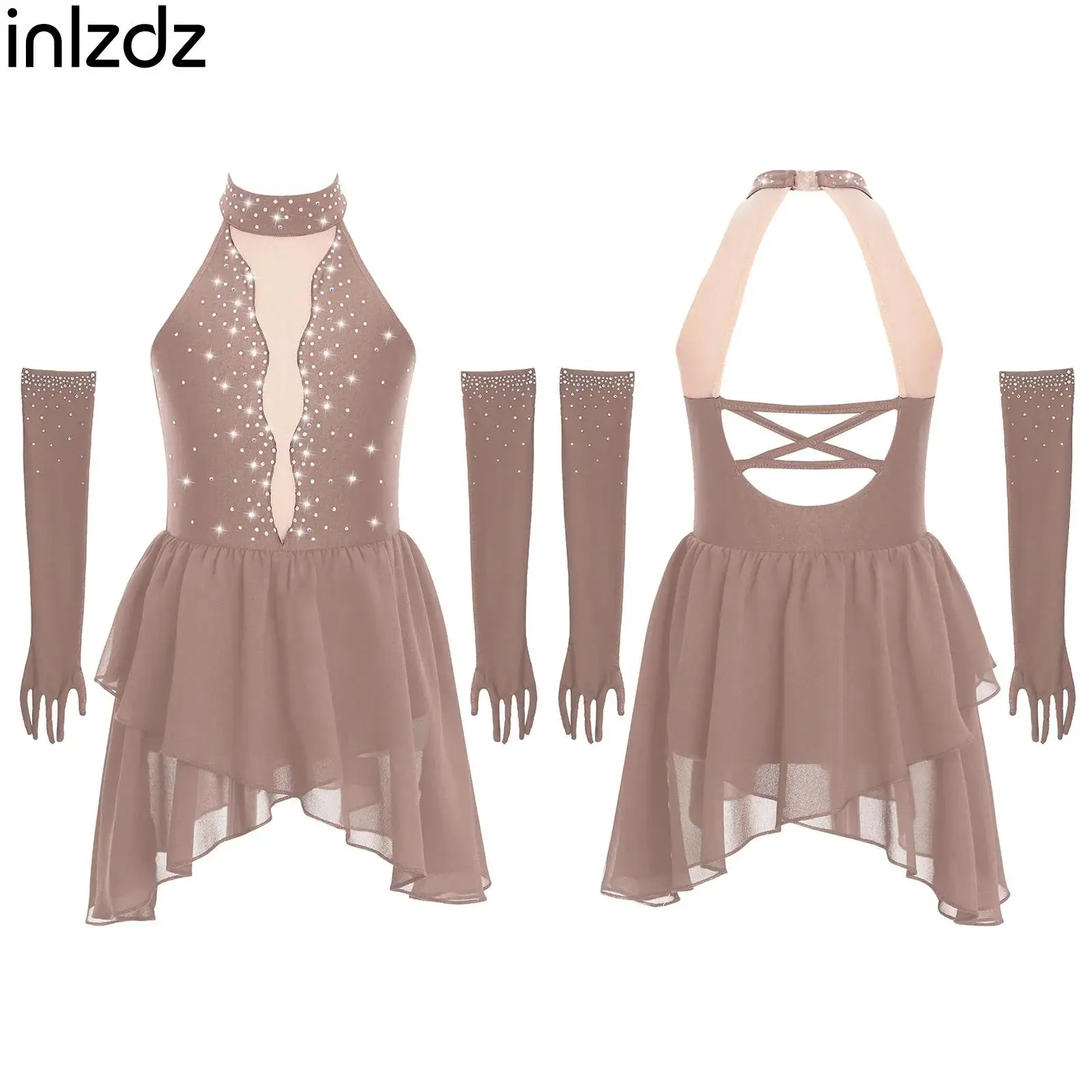 

Kids Girls Lyrical Dance Outfit Sleeveless Mesh Irregular Hem Dress+Gloves Rhinestone Dancewear Set for Modern Ice Skating Dance