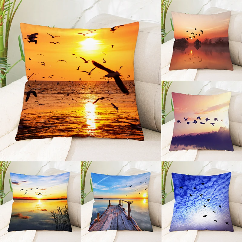 

45x45cm Seagull Beach Sunset Scenery Cushion Cover Living Room Sofa Office Seat Waist Home Decoration