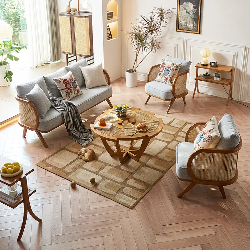 

Wabi Sandy Wind Living Room Sofa Japanese Home Solid Wood Rattan Sofa Homestay Ash Wood Single Triple Combination
