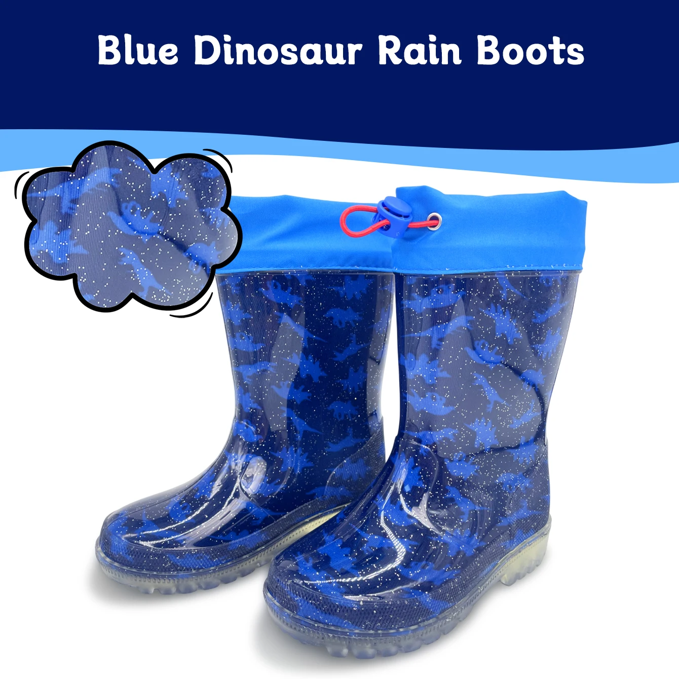 Kids’ Outdoor Cute Cartoon Blue Dinosaur Glitter PVC Rain Boots with Drawstring Closure - Waterproof Anti-slip Water Shoes