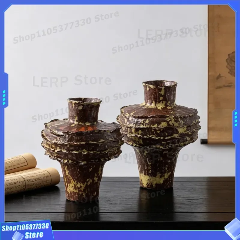 Retro Handmade Ceramic Vase Wabi Sansan Style Old Brown Coarse Pottery Flower Arrangement Ornament New Chinese Living Room