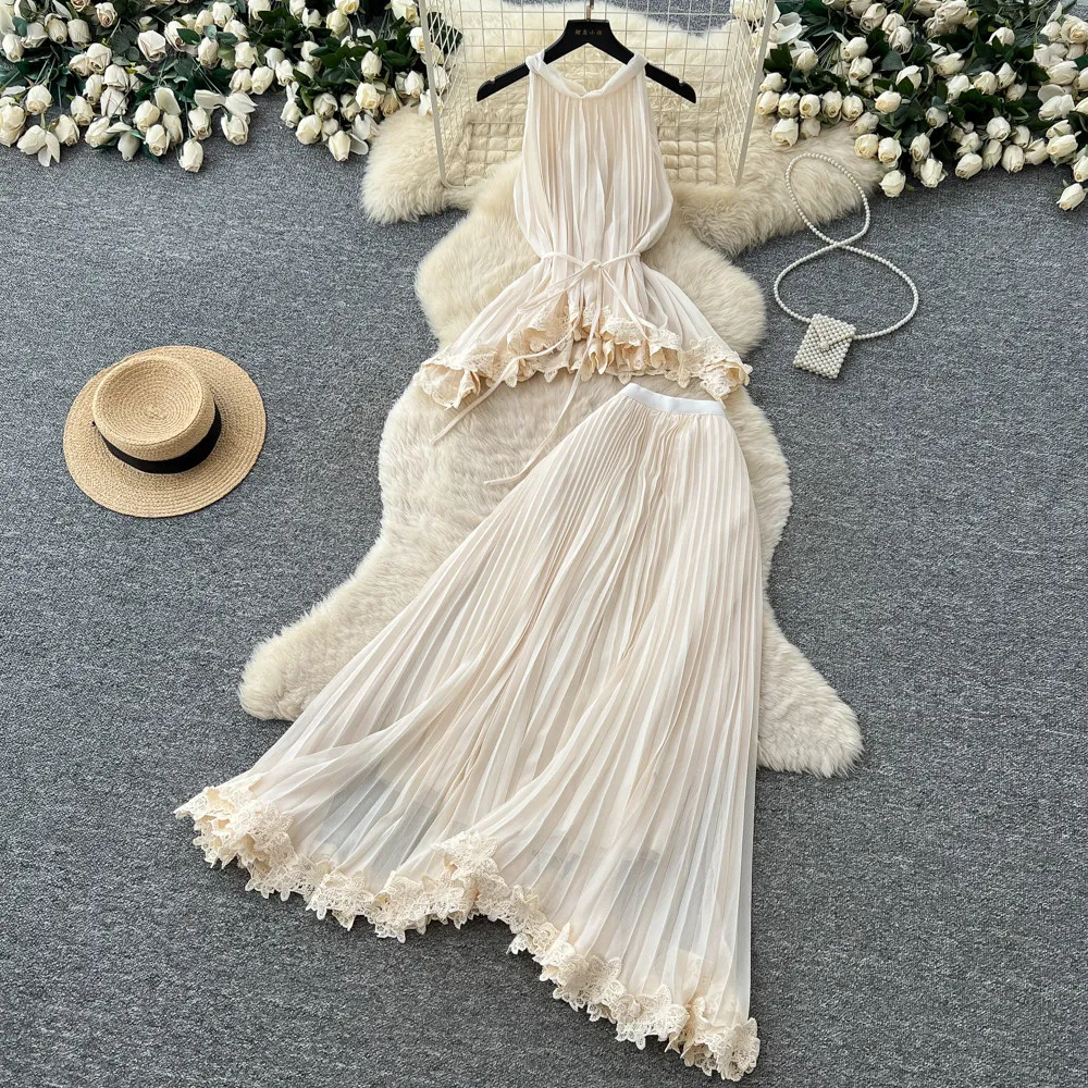 Women Two Piece Sets Skirt Set Round Neck Sleeveless Tops Long Skirts A Line High Waist Y2k Streetwear Elegant Work Pleated