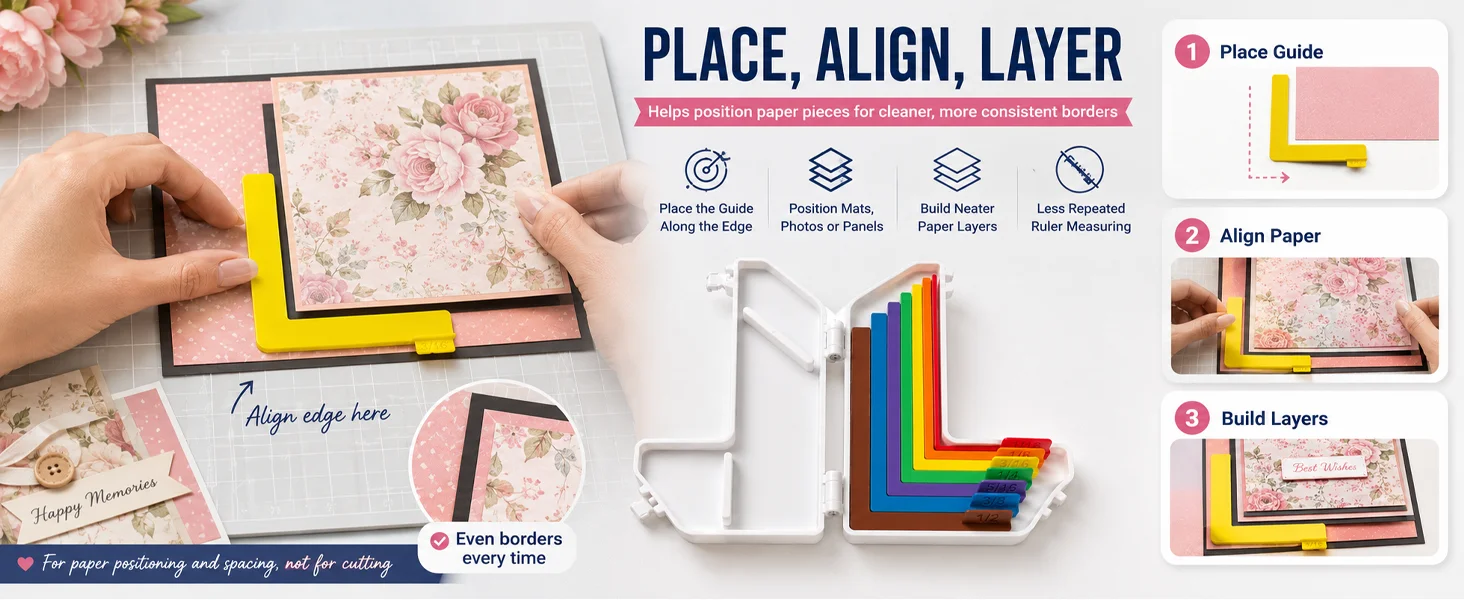 5/7-teiliges Set Papier-Bastelhilfen mit Etui für Kartenherstellung, Präzisions-Lagenmatte, Abstandhalter und passende Aufbewahrungsbox – Detail 2