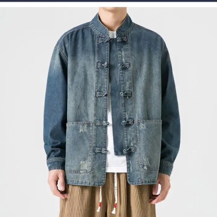 

New Chinese Sle adient Waed Denim Jaet Casual Loose Fit Long Sve Outerwear for Men with Big kets Spring Autumn