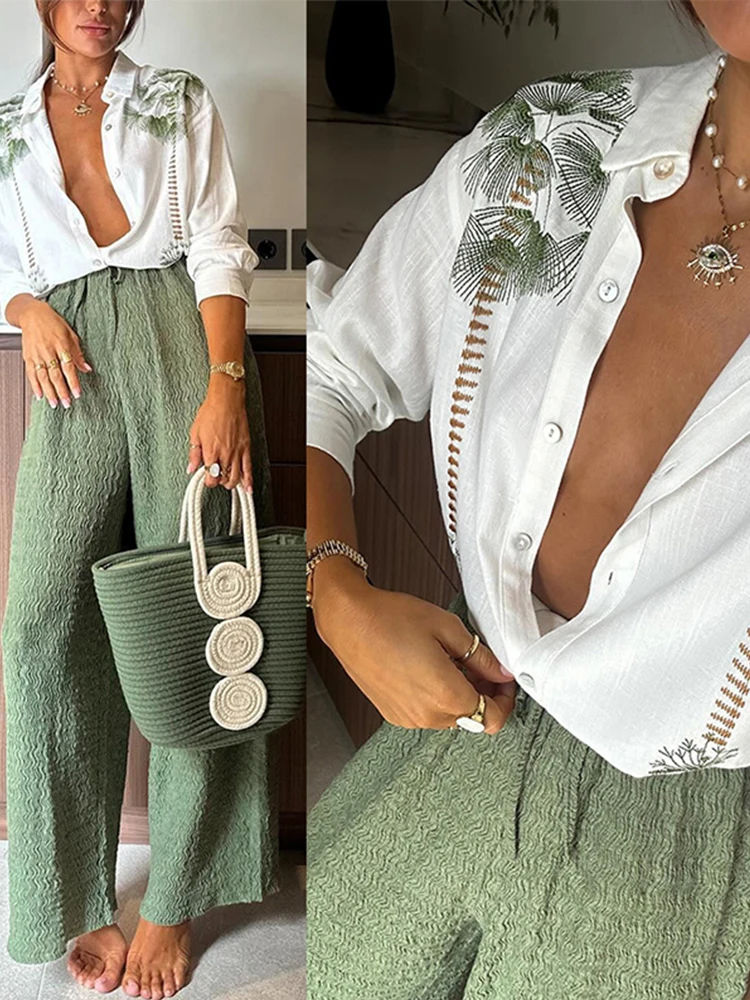 Printed Lace Up Women Trouser Suits Turn-down Collar Single Breasted Shirts Wide Leg Pants 2024 Spring Summer New Chic Lady Sets