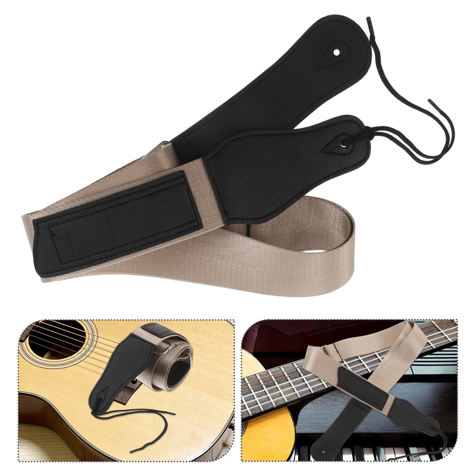 3Pcs Khaki PU Guitar Strap Bundle Wide Adjustable for Electric Acoustic Bass Classical Instruments with Pick Holder