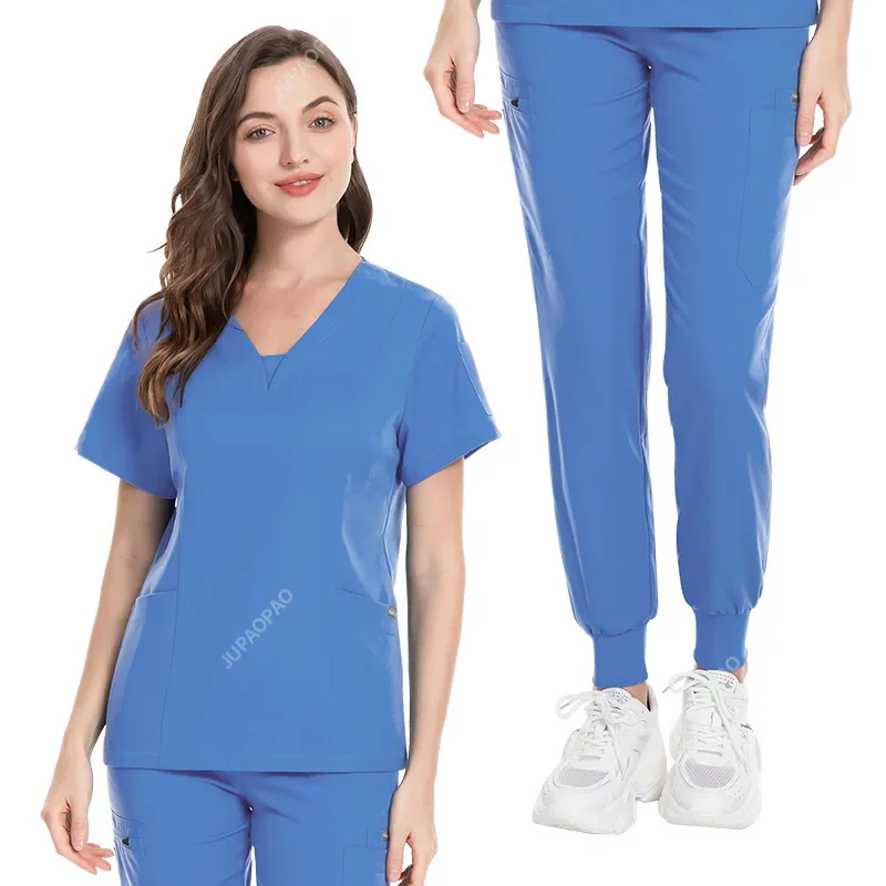 

High Quality Wholesale Operating Room Medical Uniform Set Short Sleeve Nurse Nursing Accessories Tops Pants Elastic Scrubs Suit