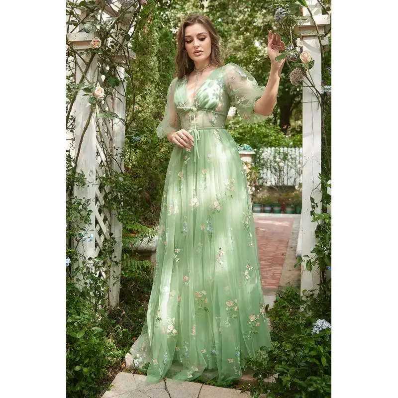 

Popular Flower Dress Prom Dress Green Fairy Puffy Sleeve Lace Embroidery Tulle Evening Dress Bridesmaid Dress Robe De Soiré