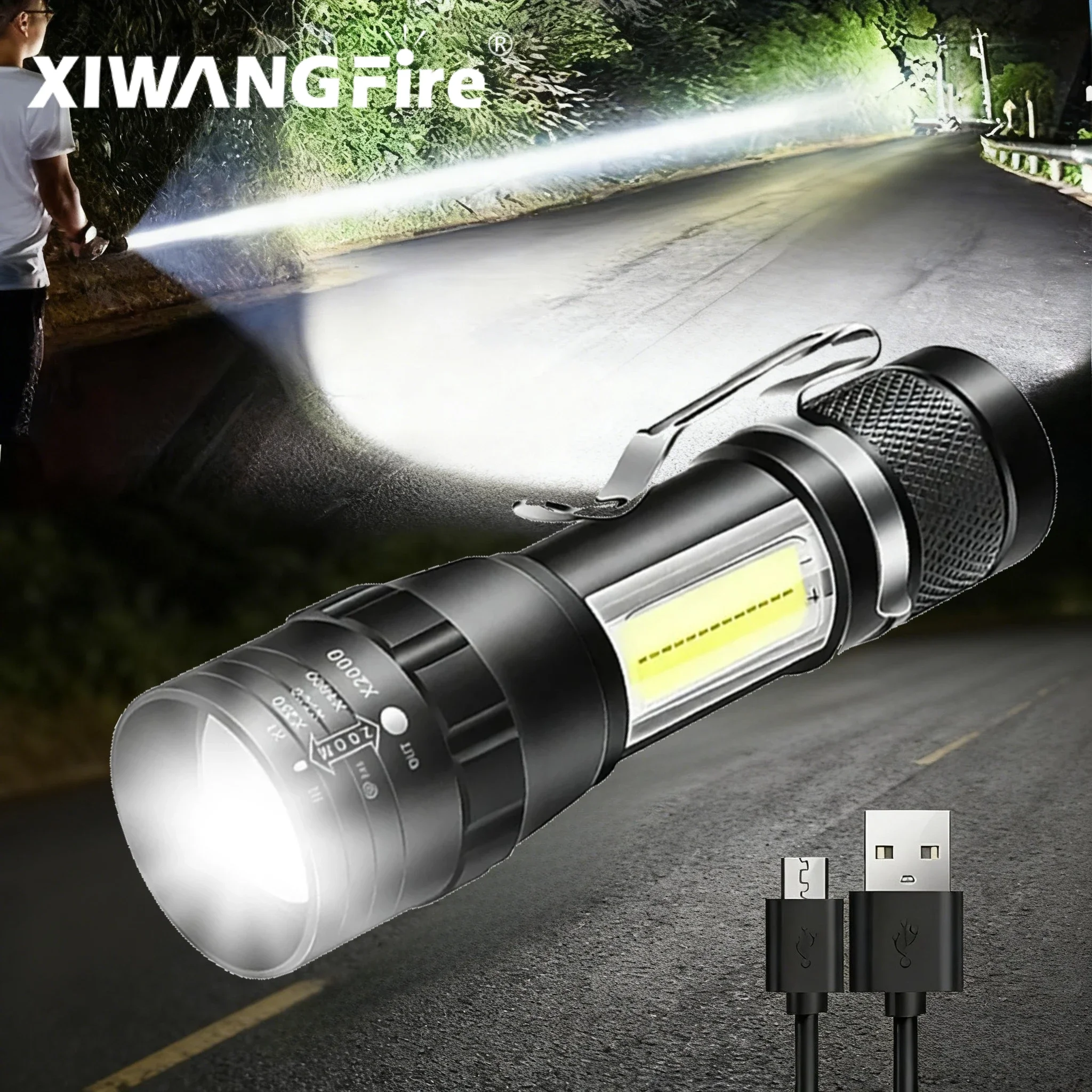 Mini Tactical LED High Power Flashlight Rechargeable Zoom Strong Waterproof Outdoor Camping Torch COB Side Lights 3 Modes