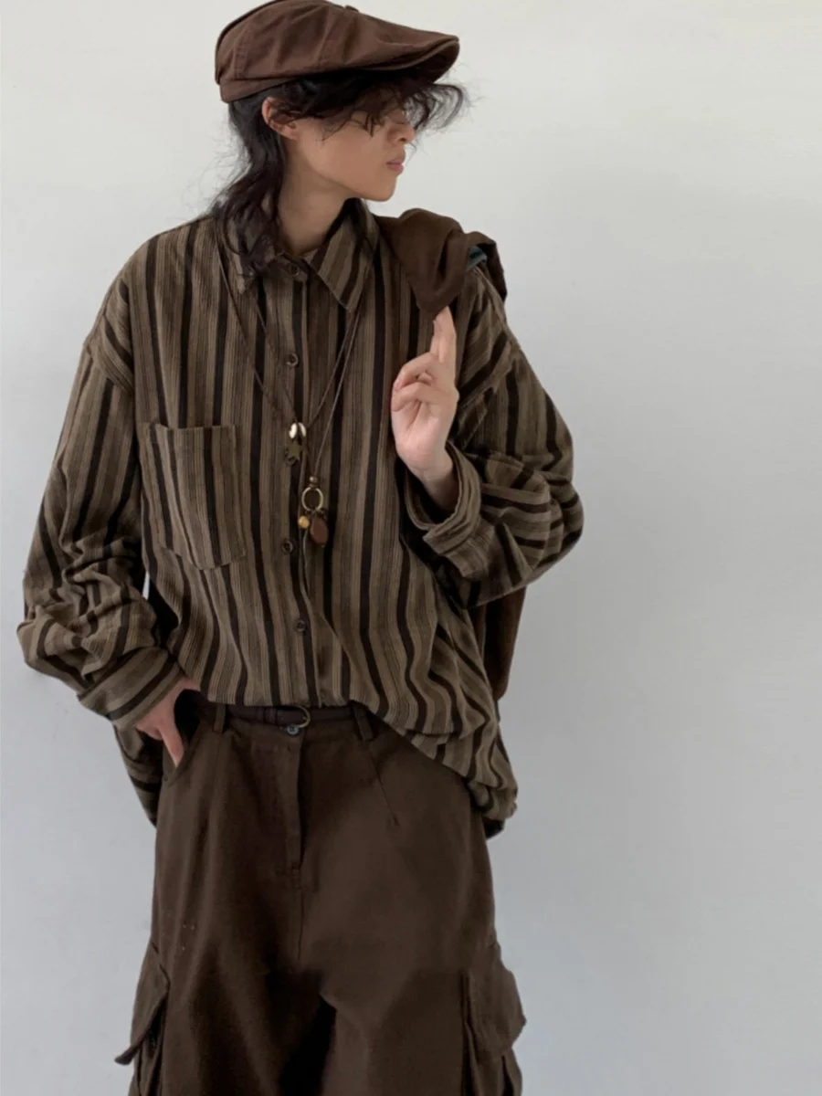 

Retro Japanese Sle Long Sve Striped Casual irt Men's Loose Fit Spring Autumn College Sle Workwear Square Collar irt