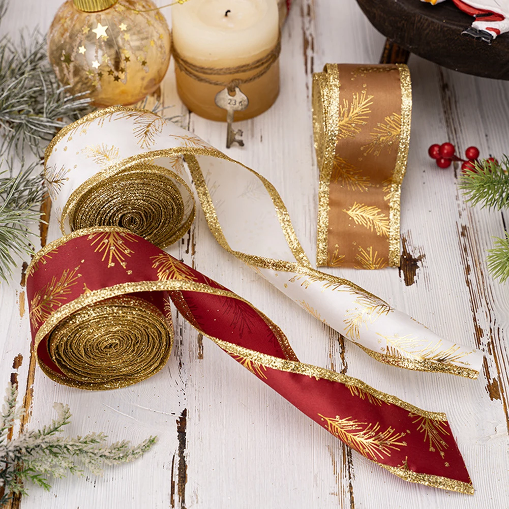 Christmas Wired Ribbons Delicate Gold Leaves Pattern Ribbons Gift Wrap Bow Handmade DIY Craft Christmas Wedding Party Decoration