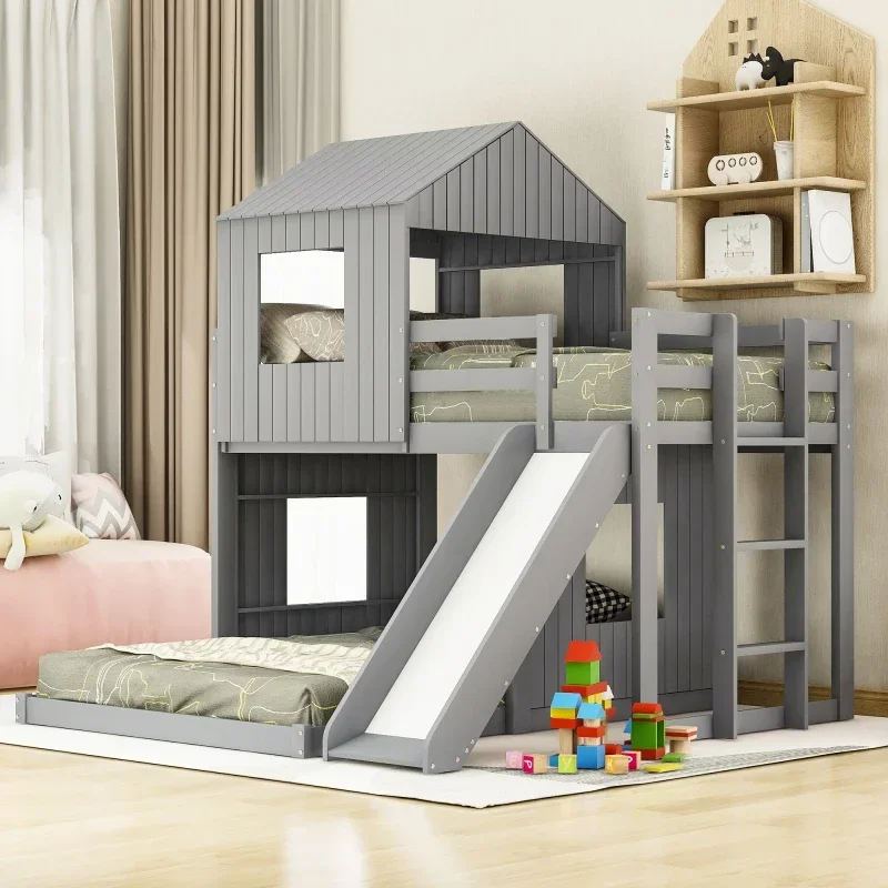 Gray Wooden Twin Over Full Bunk Bed, Loft Bed with Playhouse, Farmhouse, Ladder, Slide and Guardrails for bedroom furniture