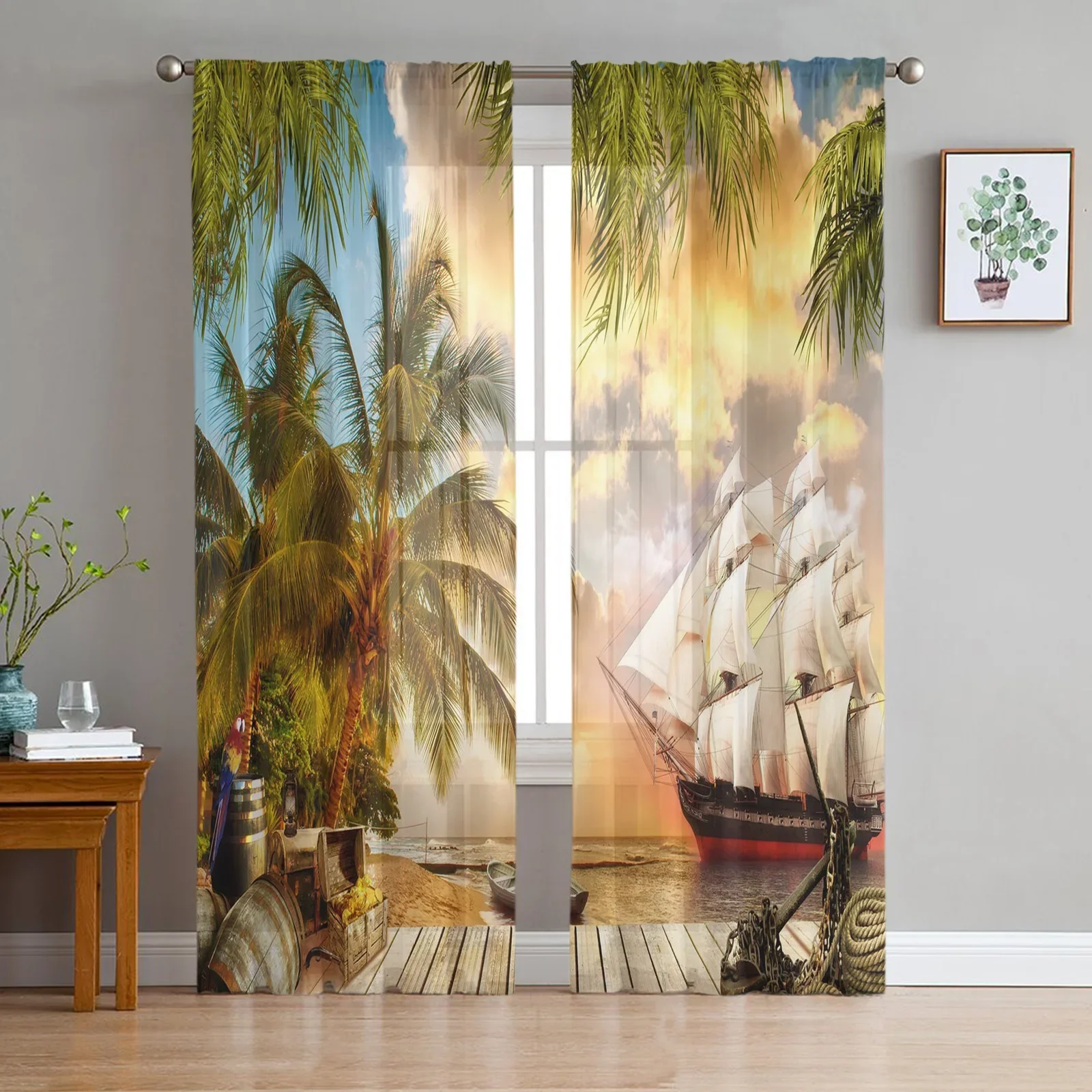 Tropical Arbor Pirate Ship Plank Tulle Window Curtains Living Room Organza Sheer Voile Curtain Bedroom Kitchen Home Decor Drape