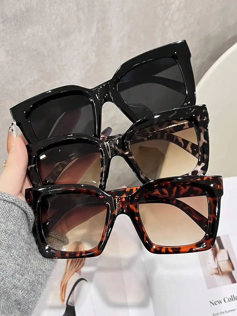 3 Pairs Women's Plastic Large Frame Bohemian Black Leopard Print Fashion Glasses Set, Suitable For Daily Wear, Square Frames