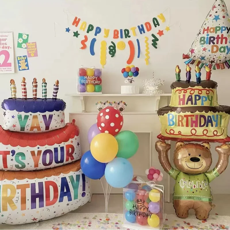 Happy Birthday Cake Balloons Large 3-Layer Color Candle Cake Balloons Bear Cake Ballon for Kid Birthday Party Baby Shower Decors