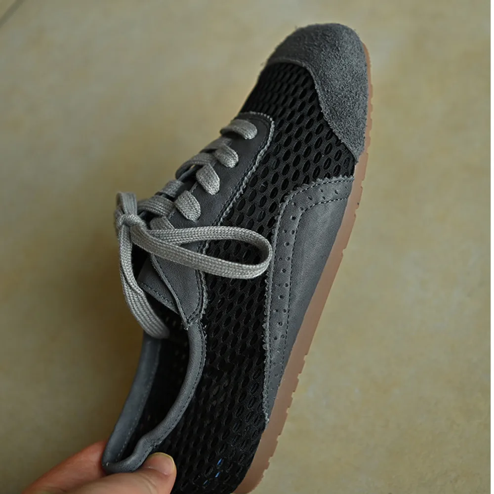 Women Dark Gray Genuine Leather Sneakers Mesh Suede Patchwork Lace‑Up Flat Retro Training Shoes