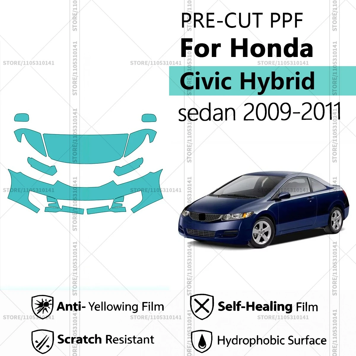 

Предварительно нарезанная защитная пленка PPF, прозрачная автомобильная пленка, комплект для передней части автомобиля Honda Civic Hybrid седан 2009-2011