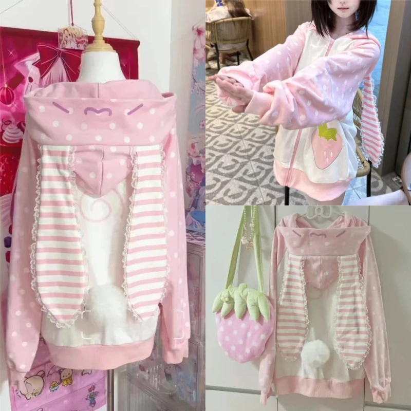 Y2K Kawaii Damen Zip-Up Hoodie mit süßen Ohren, Kapuzenjacke mit Spitzenbesatz, Streifen, Erdbeer-Patchwork, süßer japanischer Casual-Mantel im Aesthetic-Stil