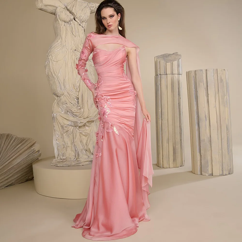 

Fashion Customized Handmade Flower Celebrity Gowns High Quality Organza Evening Dress Modern Mermaid Ruched Party Dresses