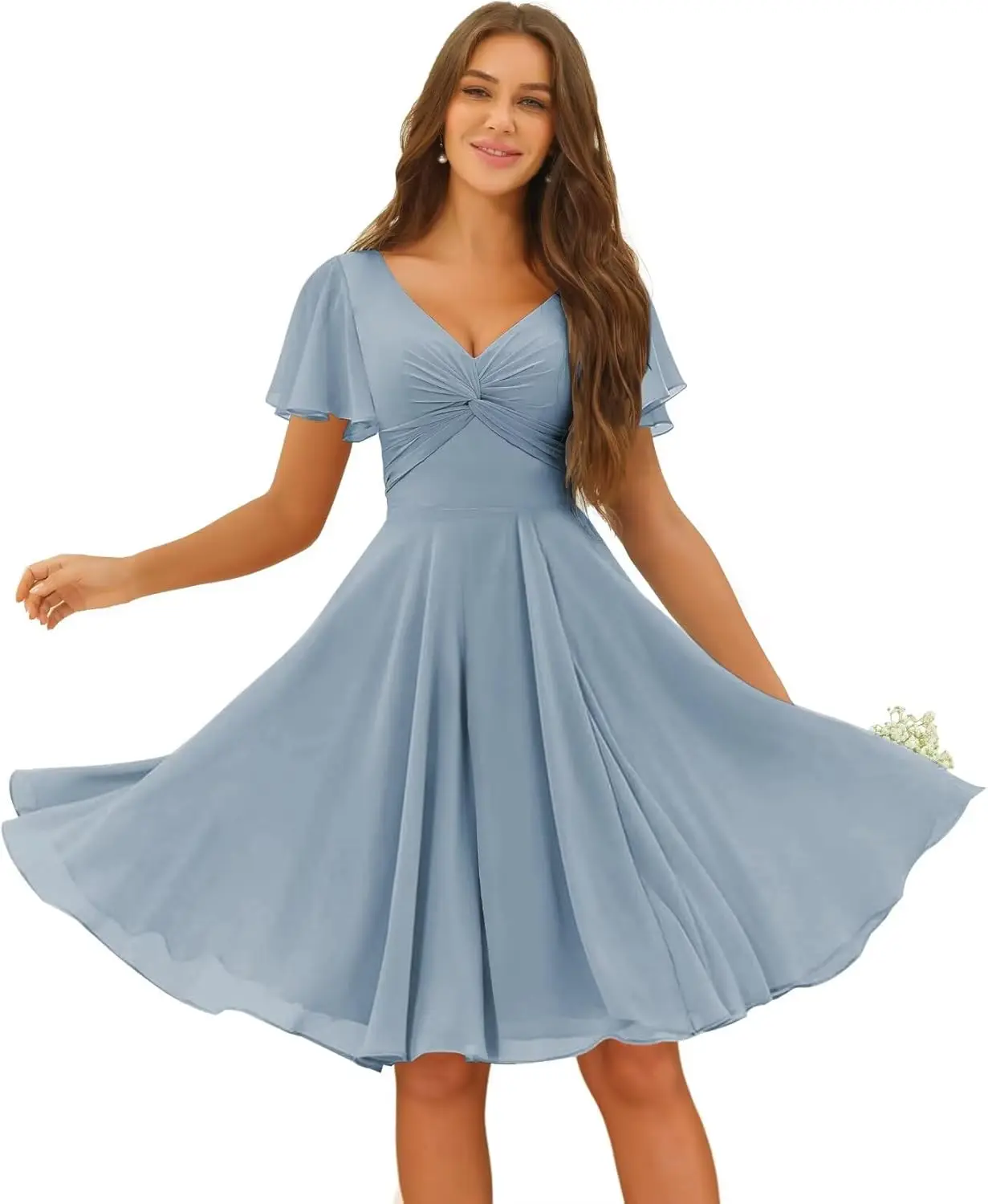 

Women's Pleated Chiffon Flutter Sleeves Junior Bridesmaid Dresses with Pockets V Neck Short Formal Dress Wedding Party Gowns