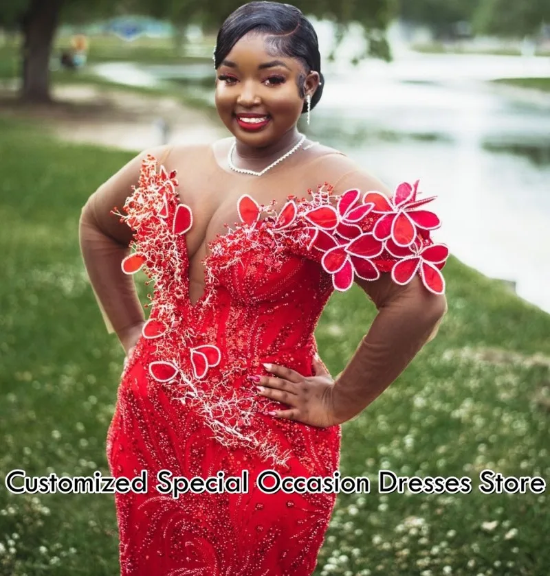 Sexy Red Prom Dresses 2026 V Neck Illusion Mermaid Party Dress Sequins Flowers Black Girls African Evening Gowns Customized