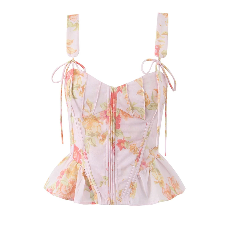 YENKYE New Women Floral Print Pink Bone Slim Tank Top Pleated Ruffle Hem Summer Corset Crop Top Holiday ropa de mujer