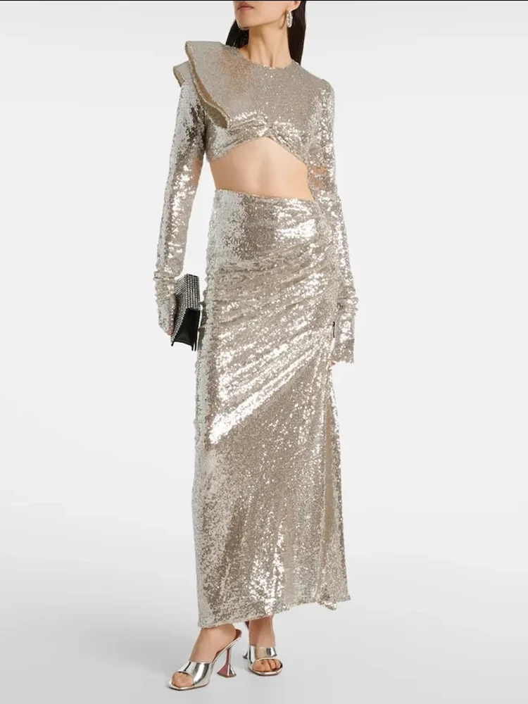 

PB Glitter Silver Sequins Women's Outfit High Waist Straight Evening Skirt Sparkly Party Long Skirts For Women Gowns
