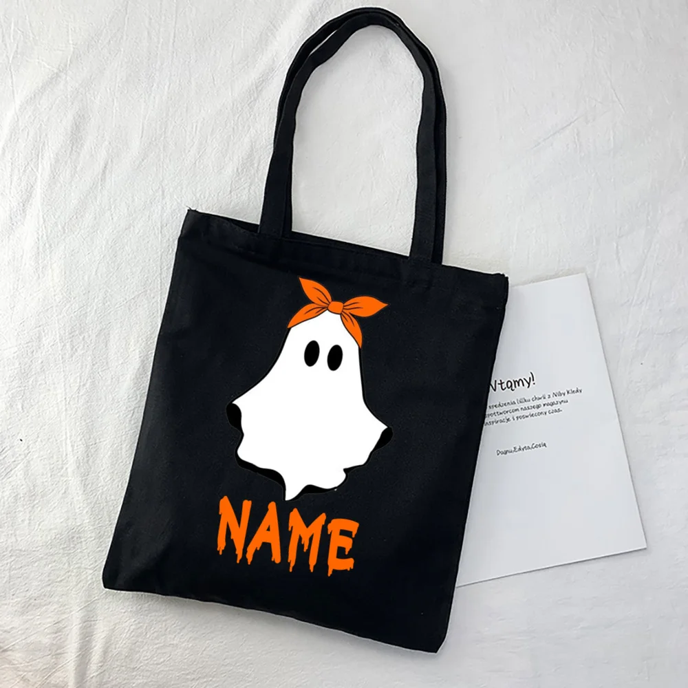 Personalized Trick or Treat Bag Ghost with Name Kids Halloween Party Tote Bags Child Candy Bags Autumn Holiday Gift for Children