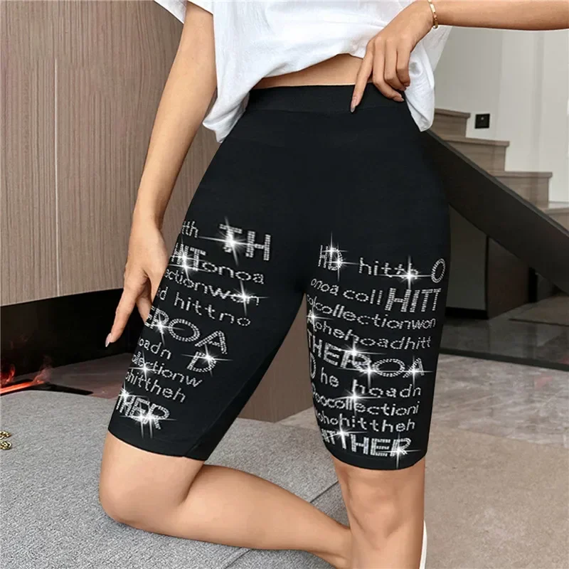 Black Stretch Rhinestone Skinny Shorts Women Leggings Pearl Letters Hot Drilling Knee-length Elastic Pants Slim Yoga Leggings