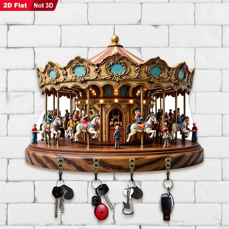 2D Flat, 1pc, Retro Carousel Theme Key Hook, Wooden Multifunctional Home Key Holder, with Four Metal Hooks, Wall Decoration,