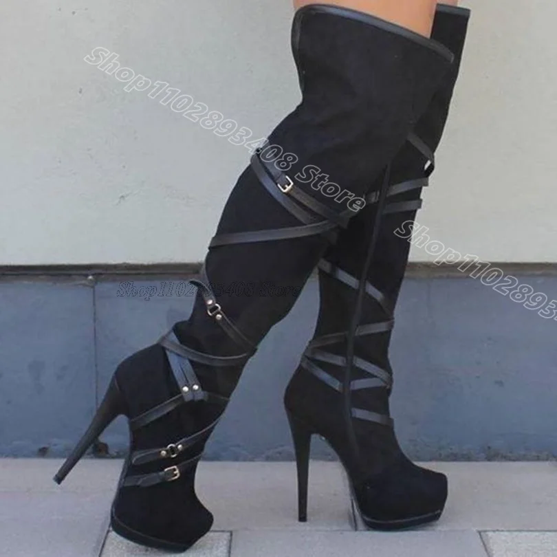 Stivali a spillo con giunture con piattaforma nera Punta tonda Cerniera laterale Abito stile britannico Stivali da donna sopra il ginocchio Zapatos Para Mujere