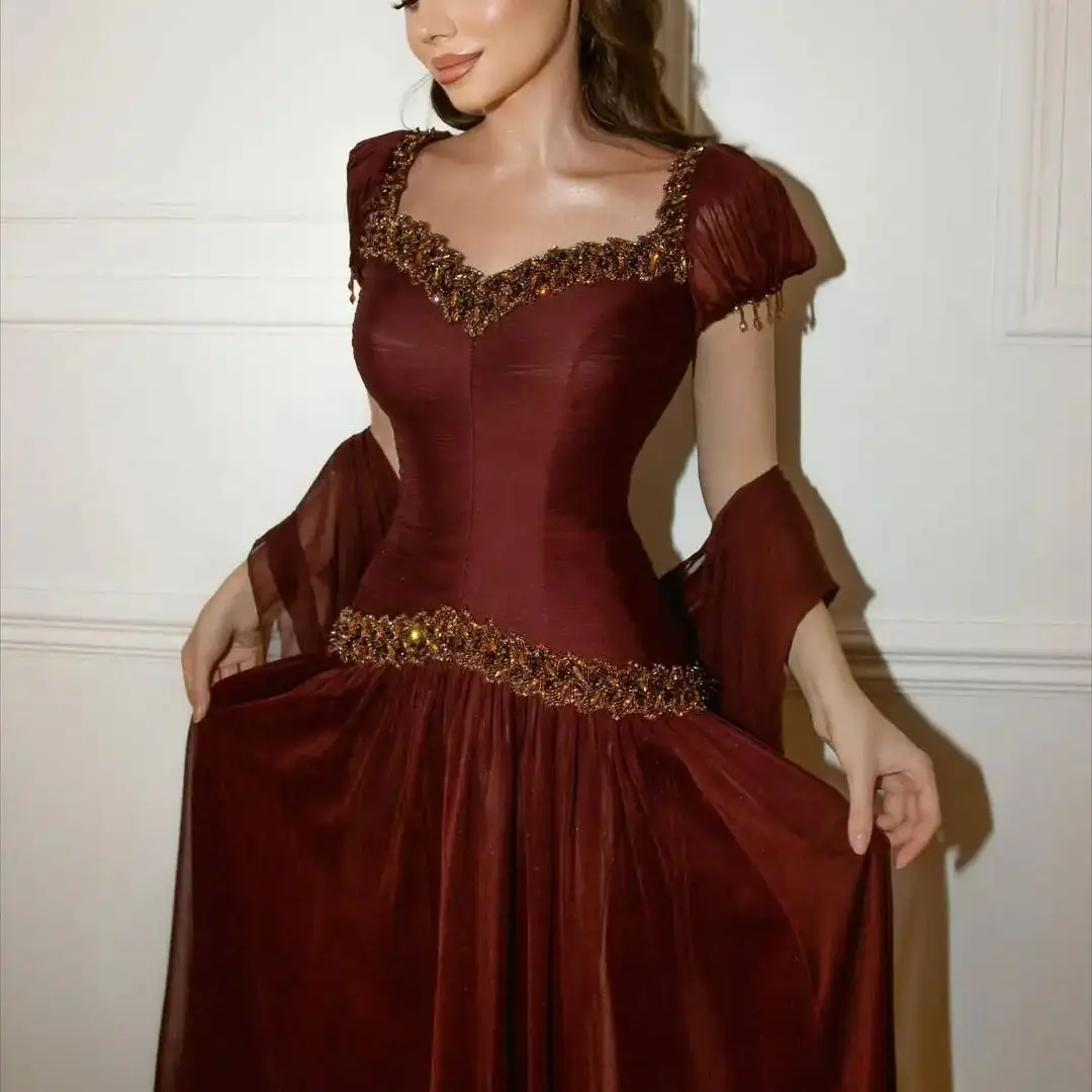 Ofherown Abiti da sera di lusso con perline con maniche ad aletta con nappe Abiti da ballo formali con nastro A-Line Abiti da festa