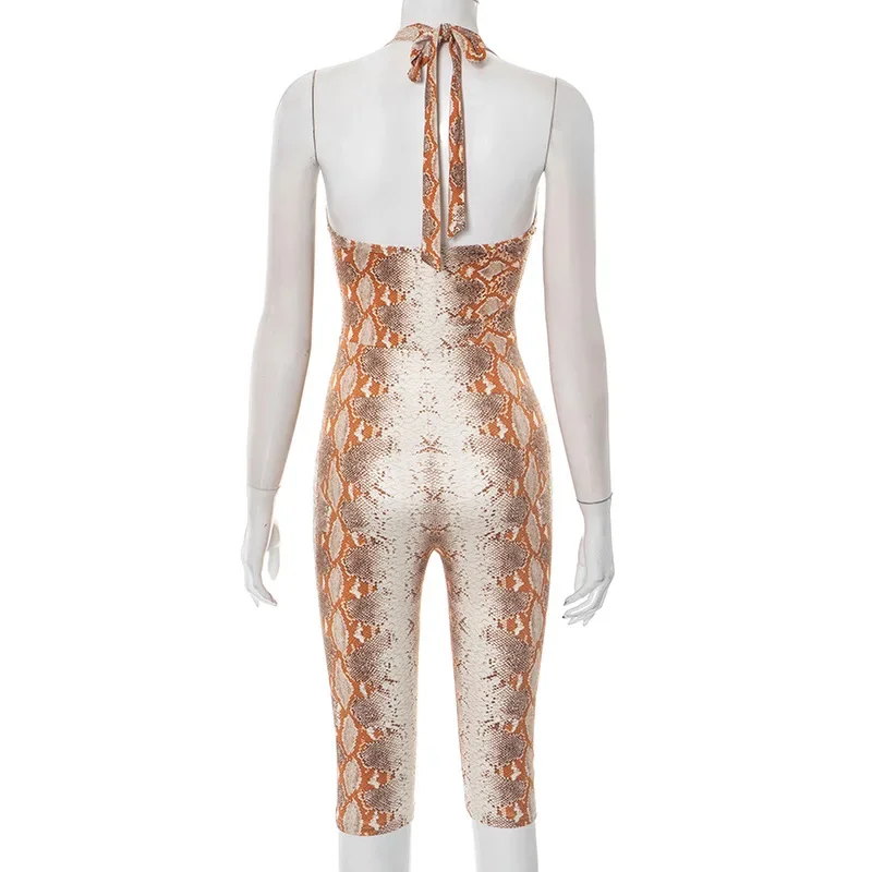 Serpentine Cetak Wanita Seksi Renda Halter Backless Sebetis Panjang Kurus Jumpsuit Tanpa Lengan Slim Capris One Piece Overall Baju Monyet