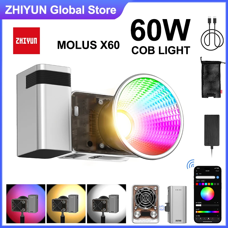 ZHIYUN MOLUS X60 RGB X60 60W COB Video Light LED Pocket Lights Portable Outdoor Photography Lighting for Video Portrait Shooting