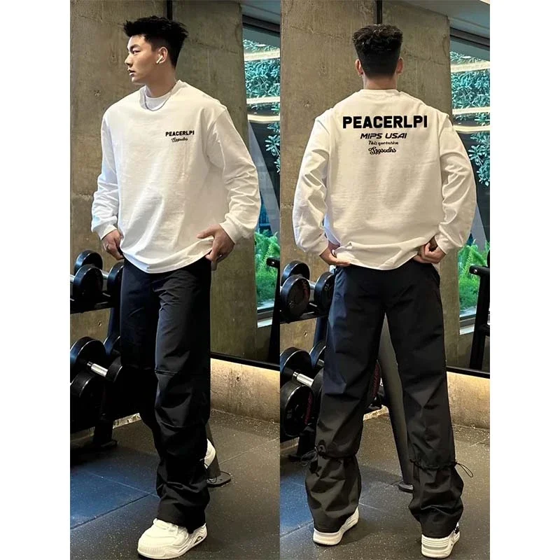 

Футболка из чистого хлопка с длинными рукавами, осенний топ в стиле High Street для мужчин и женщин, повседневная удобная футболка свободного кроя