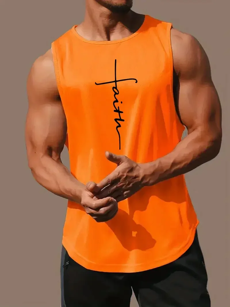 Summer Simple Letter Print Men's Round Neck Tank Top Gym Fitness Training Sports Vest Plus Size Man Sleeveless Shirt Casual Tees image 4