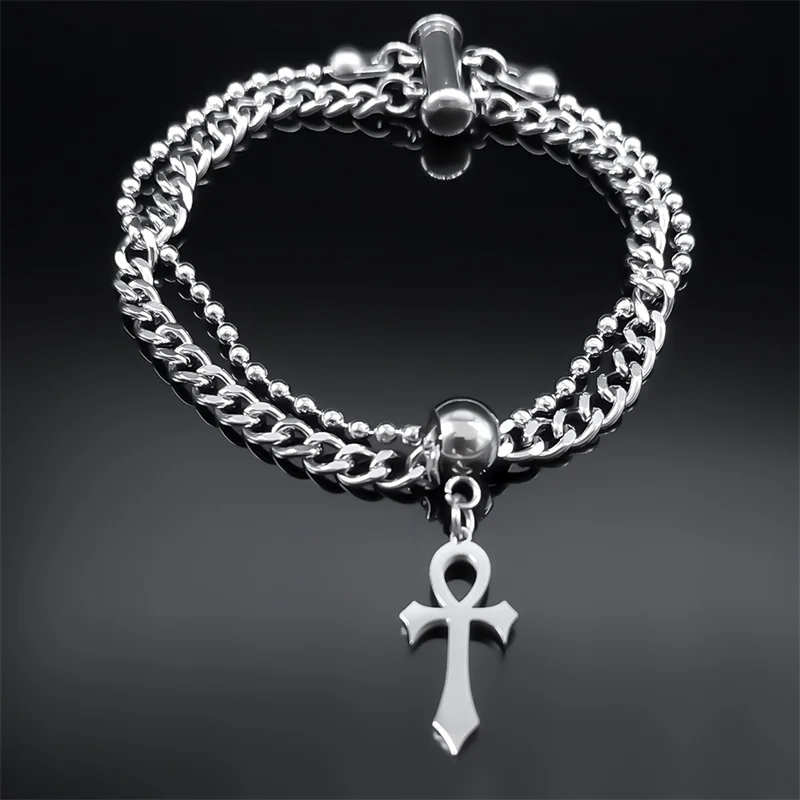 Egyptian Ankh Cross Key of Life Bracelet for Women Men Stainless Steel Silver Color 2 Layers Chain Bracelet Jewelry Gift B1731S2