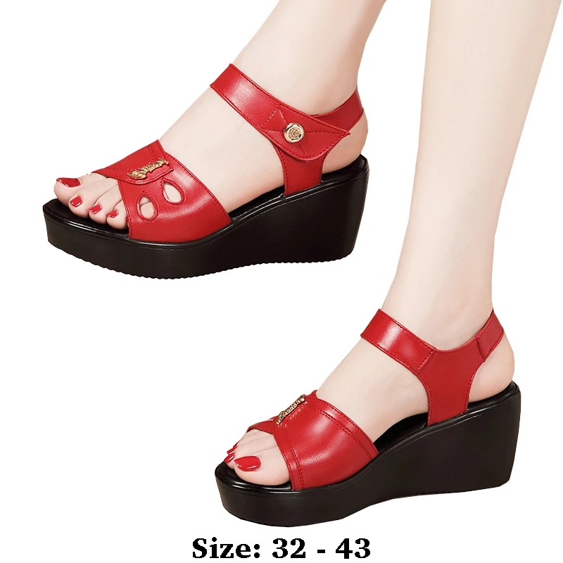 

high quality summer leather wedge sandals for women 6cm mid heel 2025 size 32 33 42 43 platform open toe elegant shoe white red