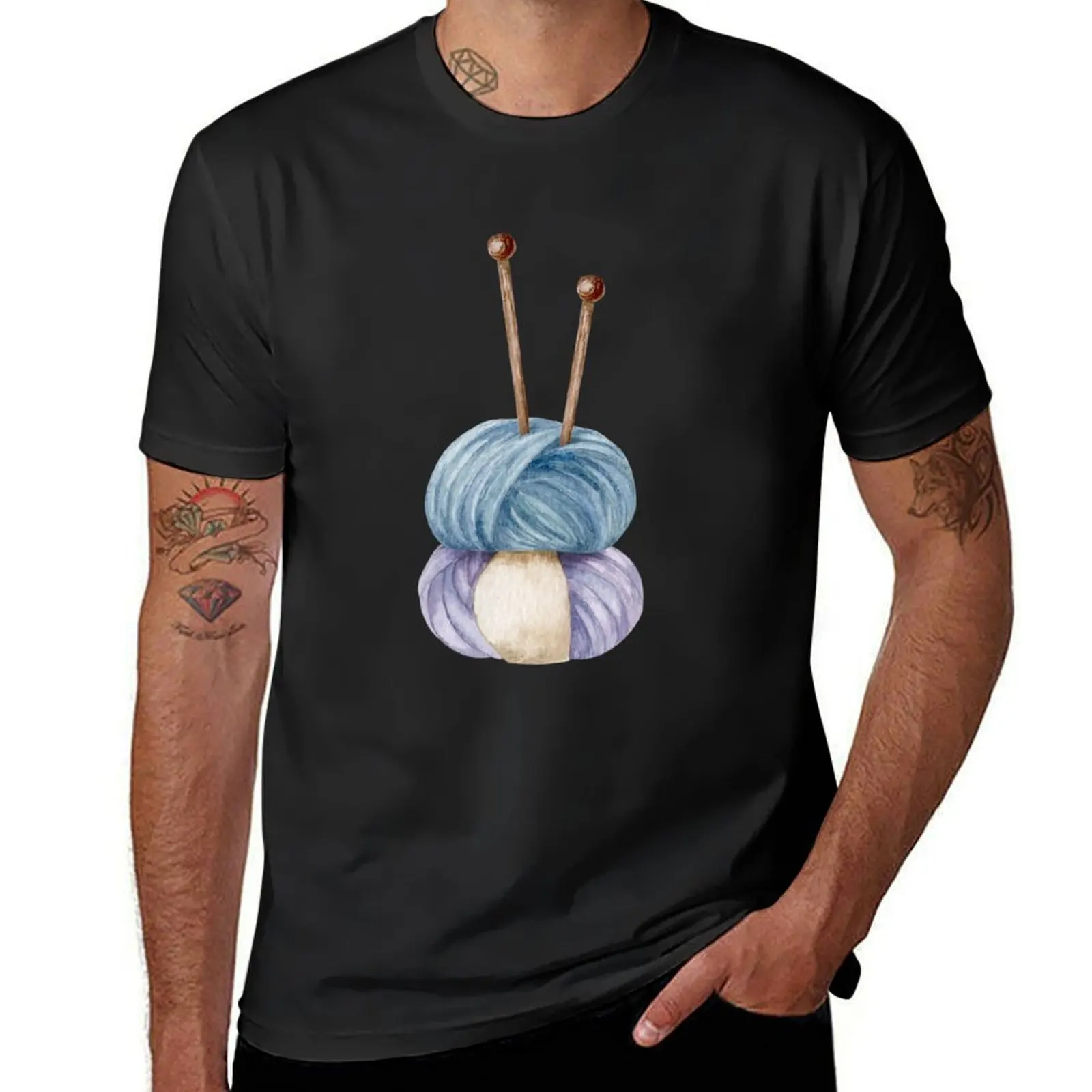 Balls of yarn and single pointed needles, hand draw, watercolor illustration T-Shirt customs plus size tops tees mens clothing