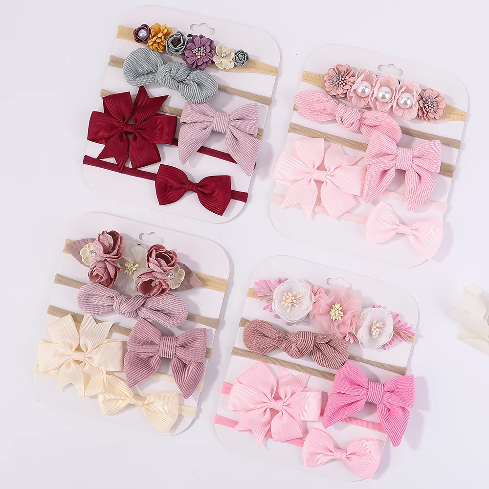 5pcs/Lot Nylon Elastic Bow Headband Baby Solid Knot Flower Fabric Hairbow Set Kids HairBands Handmade Girl Hair Accessories Gift