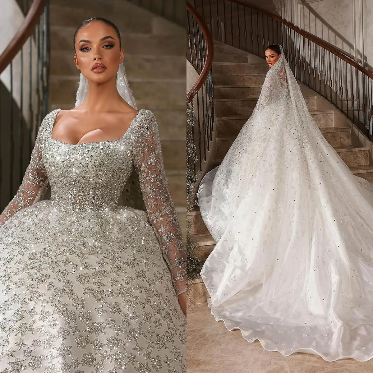 

Royal Ball Gown Wedding Dresses With Veil Sequins Lace Bridal Gowns Big Size Sweep Train Vestidos De Novia Custom Size Colour