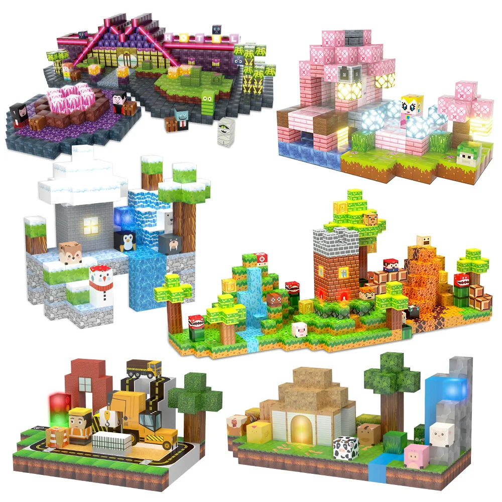 Kit de bloques de construcción de cubos magnéticos, escena de construcción de la serie de granja militar con iluminación, juguetes ensamblados con imán DIY para regalo de chico
