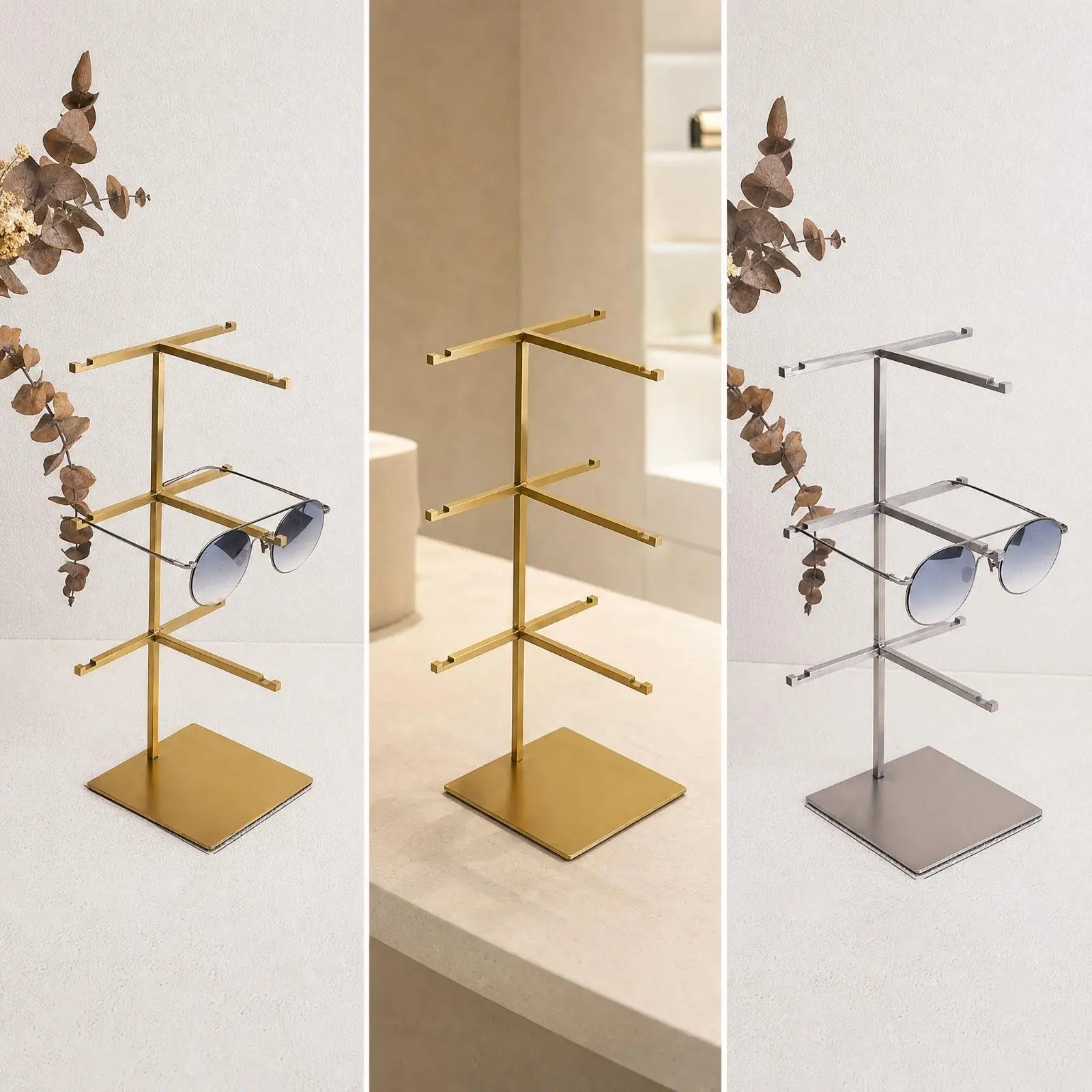 Three-Tier Eyewear Display Stand Sturdy Freestanding Eyewear Display Stand with Square Base Sunglass Holder Stable Multi-Level