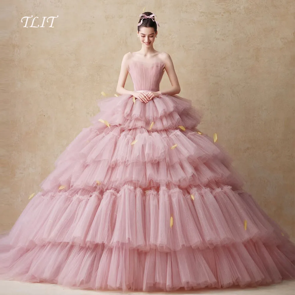 

TLIT luxurious Candy Color Tulle Tiered Evening Dress Korea Wedding Dress Photo Shoot Strapless Ball Gown Prom Gowns Customized