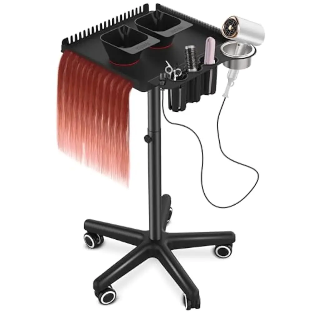 

Professional Hair Styling Station Cart, Rolling Salon Tray With Magnetic Bowls, Tool Holders And Dryer Mount, Black