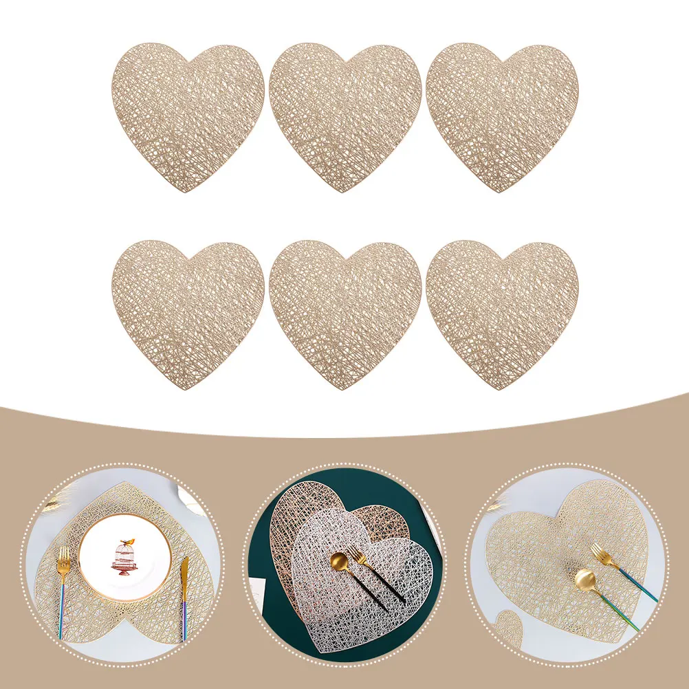 6pcs Heart Shaped Pvc Placemats Wear-Resistant Anti-Slip Table Mats Decorative Dining Mat For Home Restaurant Use